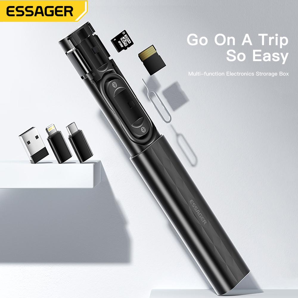 Essager 60 Вт USB C-Type C кабель для Iphone 13 Xiaomi Micro Lightning шнур быстрого зарядного устройства Многофункциональный адаптер коробка для хранения карт чёрный