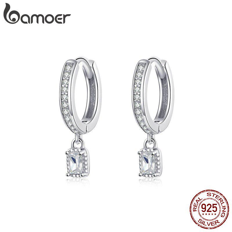 Серьги-кольца BAMOER с подвеской, твердое серебро 925 пробы, высокое качество, свадебные украшения с фианитом, помолвка BSE157