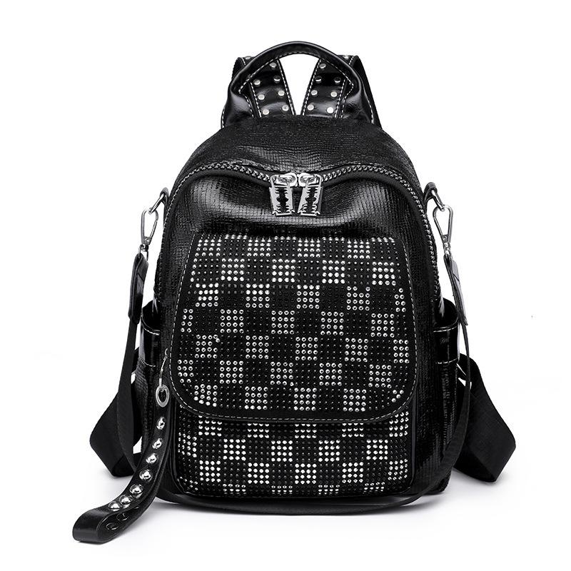 Женский рюкзак Шахматная доска Rhinestone Bag Открытый кожаный рюкзак чёрный