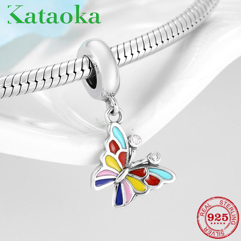 KATAOKA Стерлингового Серебра 925 Цветная Эмаль Весенние Подвески-Бабочки Бусины подходят Оригинальные Подвески Kataoka Браслет Ювелирные Изделия зелёный