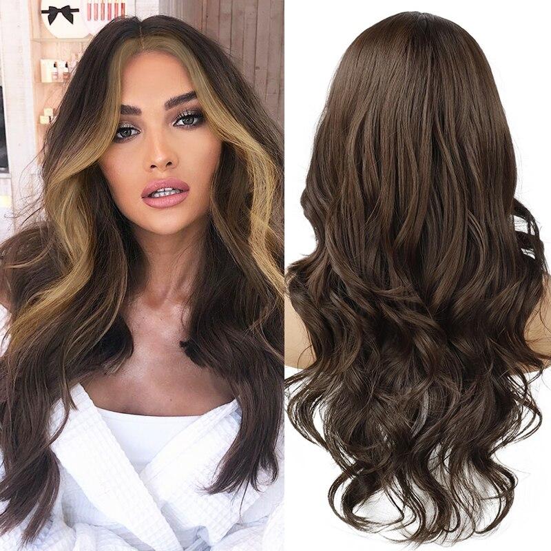 MISS WIG Длинный черный коричневый Gloden Медовый волнистый парик с бликами Синтетические парики для косплея Женские термостойкие парики со средней частью