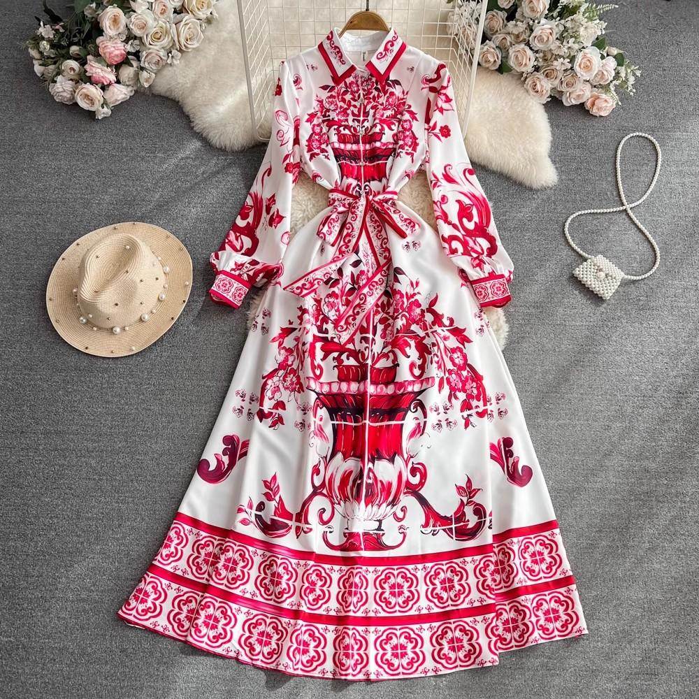 Осеннее праздничное красное, синее и белое фарфоровое платье макси, женское однобортное платье с длинным рукавом на шнуровке и поясом с цветочным принтом M синий