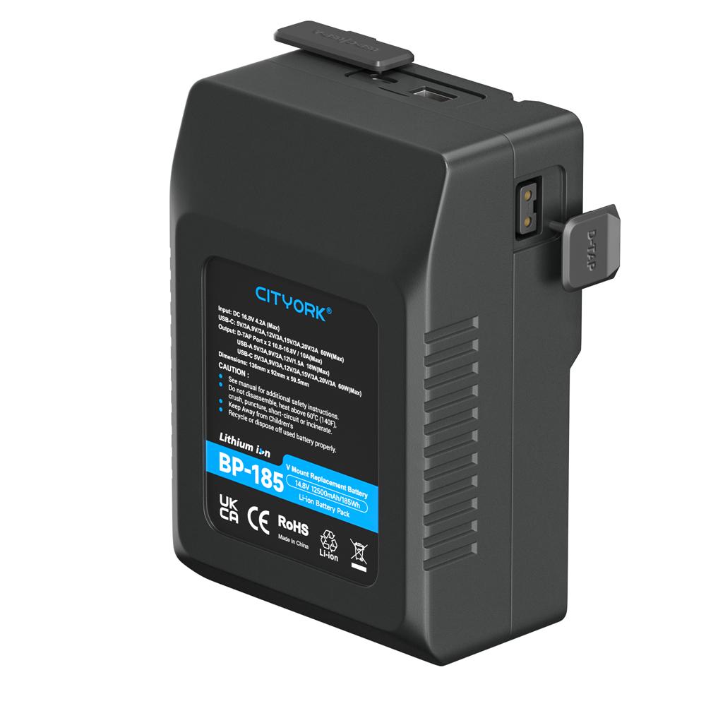 Аккумулятор с V-образным креплением BP-185 USB для Sony HDCAM, XDCAM, цифровых кинокамер, светодиодной подсветки, DSLR BMPCC 4K, мониторов и других видеокамер чёрный