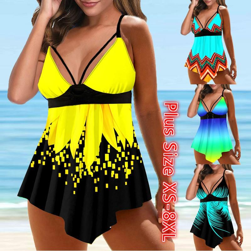Женский принт Tankini Set Купальник Купальники Купальный костюм Пляжная одежда Две части Бикини Плюс размер S жёлтый