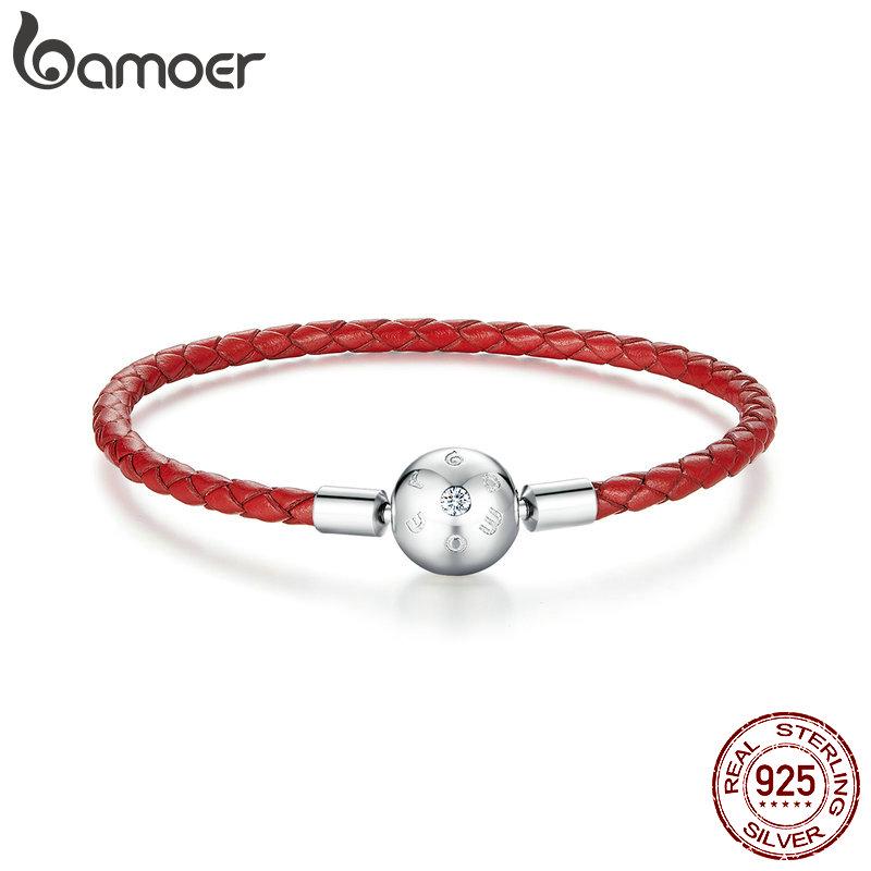 BAMOER из натурального стерлингового серебра 925 пробы, красная кожаная веревка, браслет-подвеска, подходит для ювелирных изделий из бисера 17