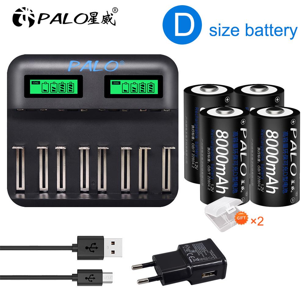 Оригинальный аккумулятор PALO, 4 шт., новый аккумулятор размером 1,2VD с ЖК-дисплеем, USB-зарядное устройство, тип D, Ni-MH аккумулятор 1,2 В, комплект для зарядки фонарика