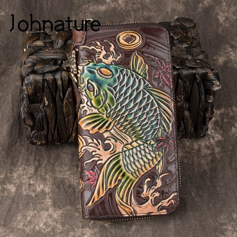 Роскошный ручной кошелек Johnature в стиле ретро, ​​ручная работа с тиснением из натуральной кожи, мужские и женские кошельки и кошельки, кошелек с держателем для карт чёрный