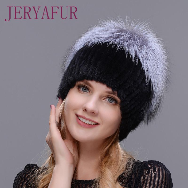 JERYAFUR, теплая шапка из натурального меха норки, женская разноцветная, серебристая, с лисьим мехом, женские зимние шапки, роскошные шапки с двойным помпоном чёрный/синий