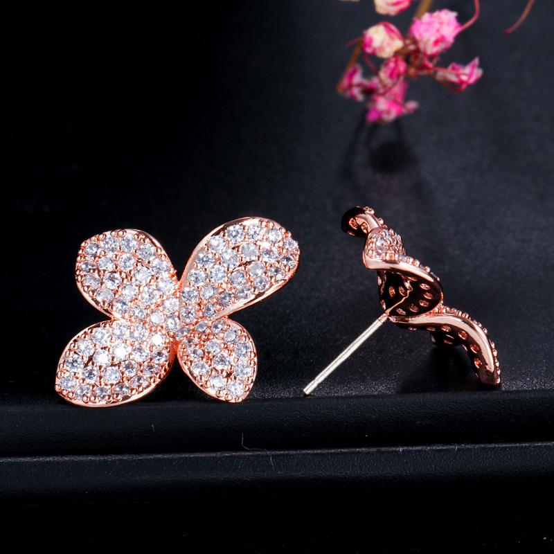 WWJ Clover Flower, маленькие серьги-гвоздики цвета розового золота с цирконием для девочек белый