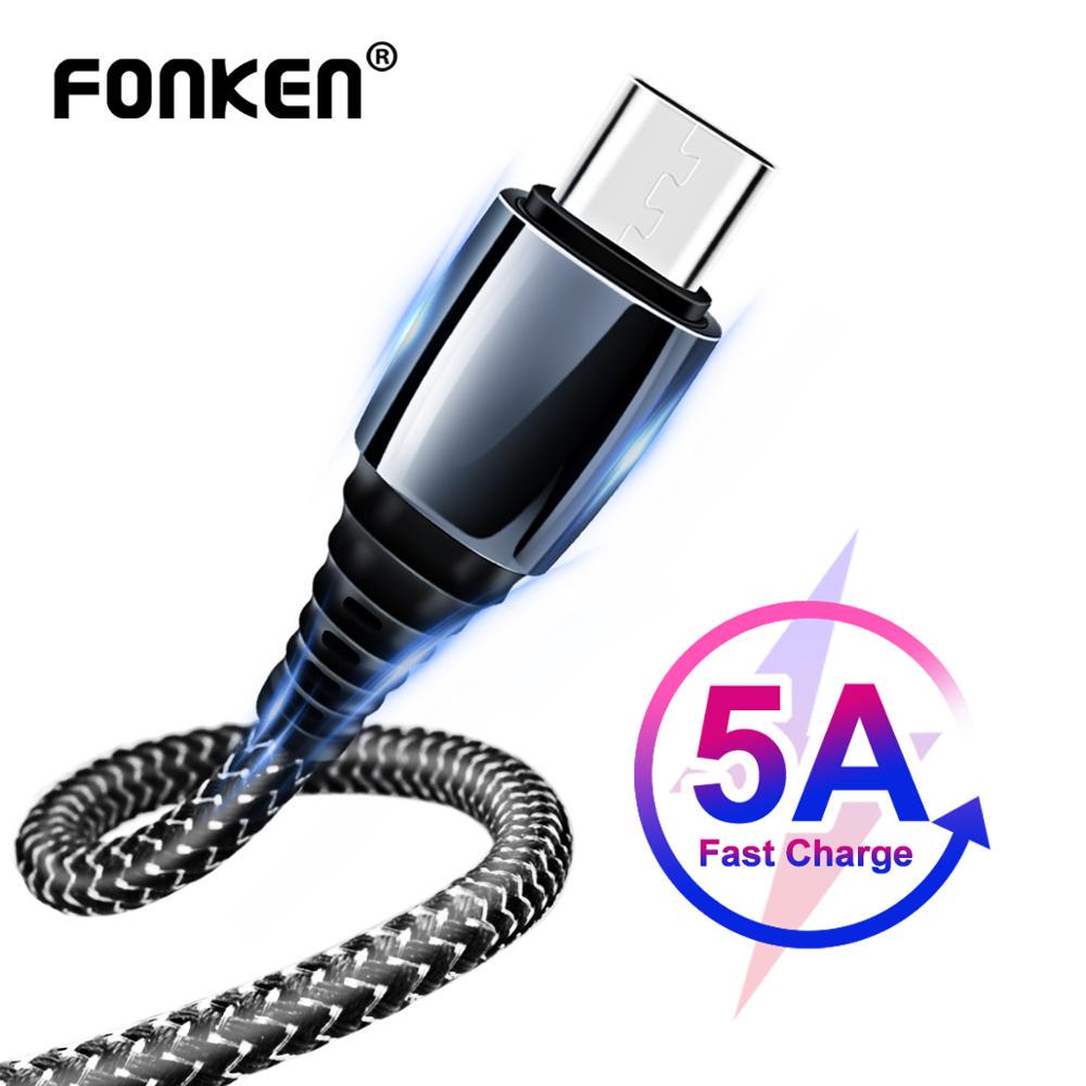 Кабели для телефонов FONKEN USB Type C кабель 5A быстрая зарядка USB C шнур для передачи данных цинковый сплав нейлоновый плетеный провод для Samsung 30CM чёрный
