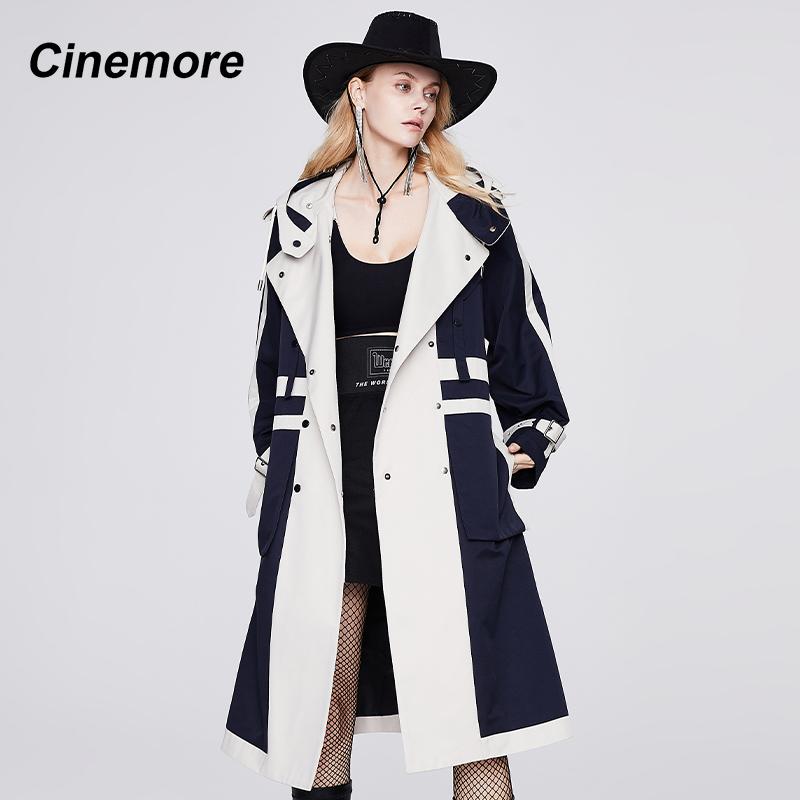 CINEMORE новая ветровка, длинный классический модный женский плащ с капюшоном, осень 2022, повседневный весенне-осенний плащ 92205-1 S синий