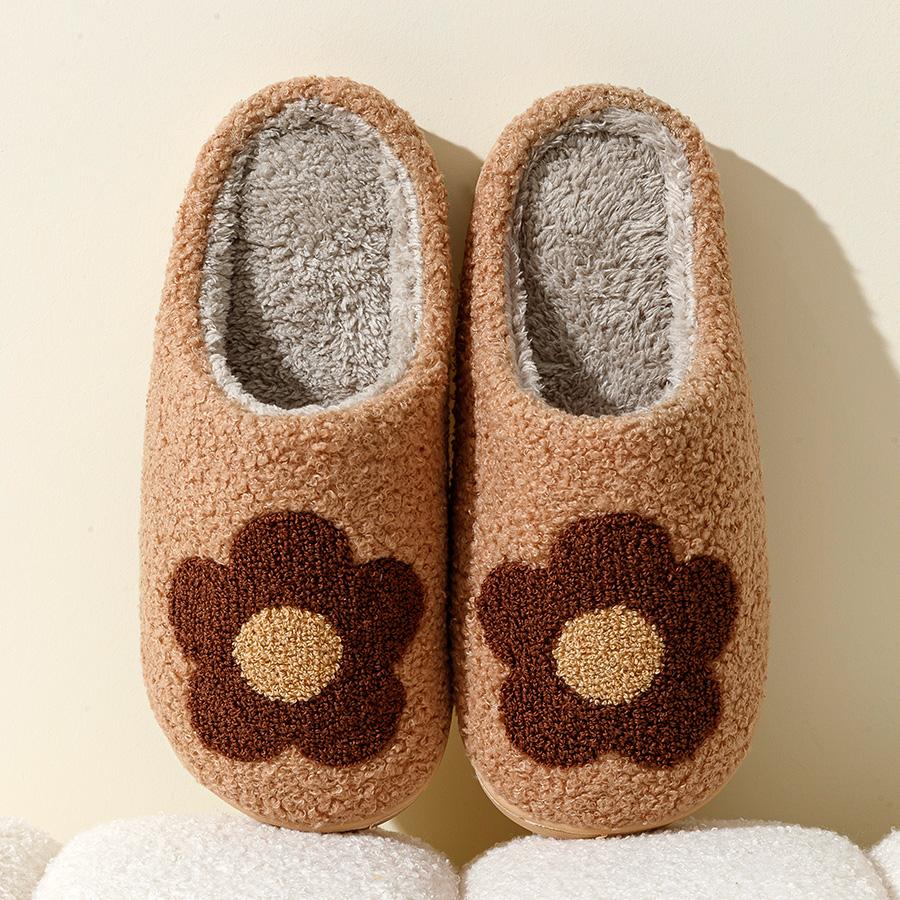 Beauty Flower Women Slippers Embroidery Fuzzy Cute Comfortable Soft Sole Winter Indoor Non Slip Warm Leisure Fashion Plush Shoes 37-38