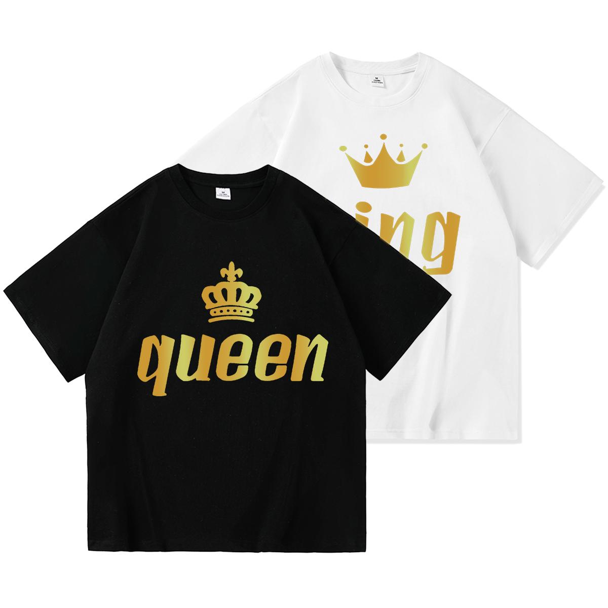   Joom 2023 Повседневная летняя хлопковая футболка с принтом KING QUEEN, свободная футболка с короткими рукавами и круглым вырезом для влюбленных, женские и мужские топы, футболки S белый