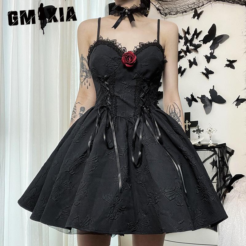 GMXIA Summer Spice Сексуальное платье-комбинация с кружевным краем Женское модное темпераментное жаккардовое платье для женщин S чёрный