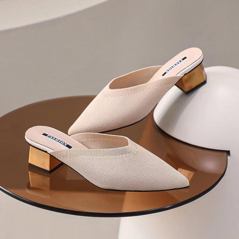 Baotou Semi-slippers женские весенне-летние новые дышащие ленивые сандалии с острым носком на среднем каблуке 41 бежевый