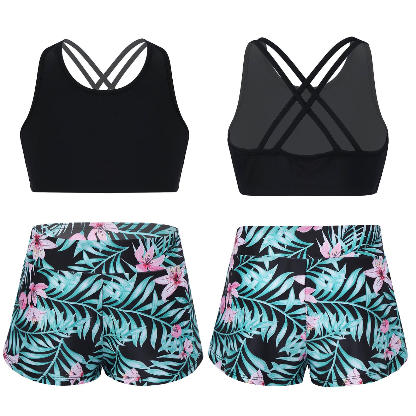 Раздельные купальники Дети для девочек с принтом Rash Guard Tankini Спортивный укороченный топ + шорты для плавания Купальник Пляжный купальник 5-6 Years чёрный/зелёный
