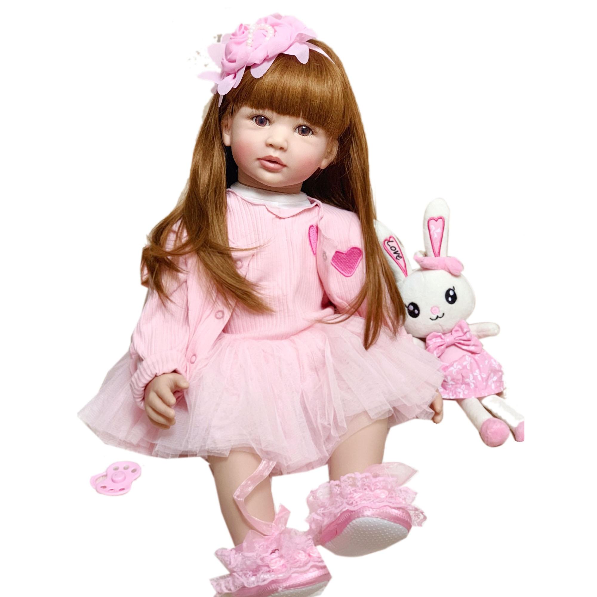 BZDOLL 60 см, мягкая силиконовая кукла реборн, игрушка для девочек, длинные волосы, принцесса для малышей, реалистичные живые Bebe Bonecas, детский подарок на день рождения 60cm Doll, Brown eyes