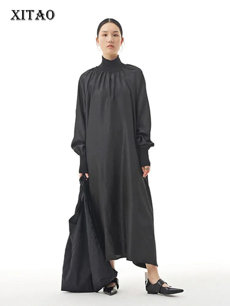 Xitao Плиссированное модное однотонное повседневное свободное платье DZL2167 One Size зелёный