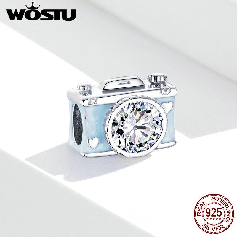 WOSTU 925 пробы серебро блестящий циркон синий камера фотография бусины DIY женский браслет 925 silver