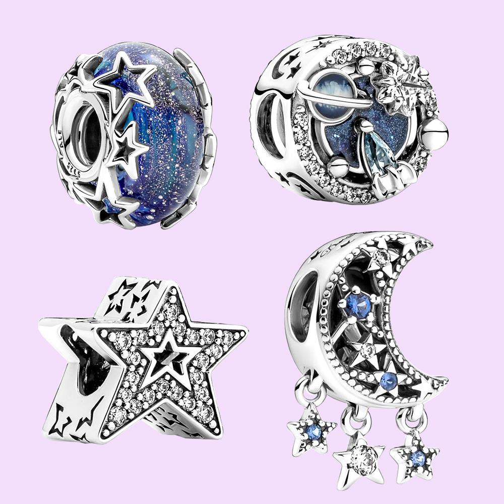   Joom Стерлингового серебра Galaxy Blue & Star Murano, Star & Crescent Moon Charm для женщин подарок на день рождения браслет DIY ювелирные изделия