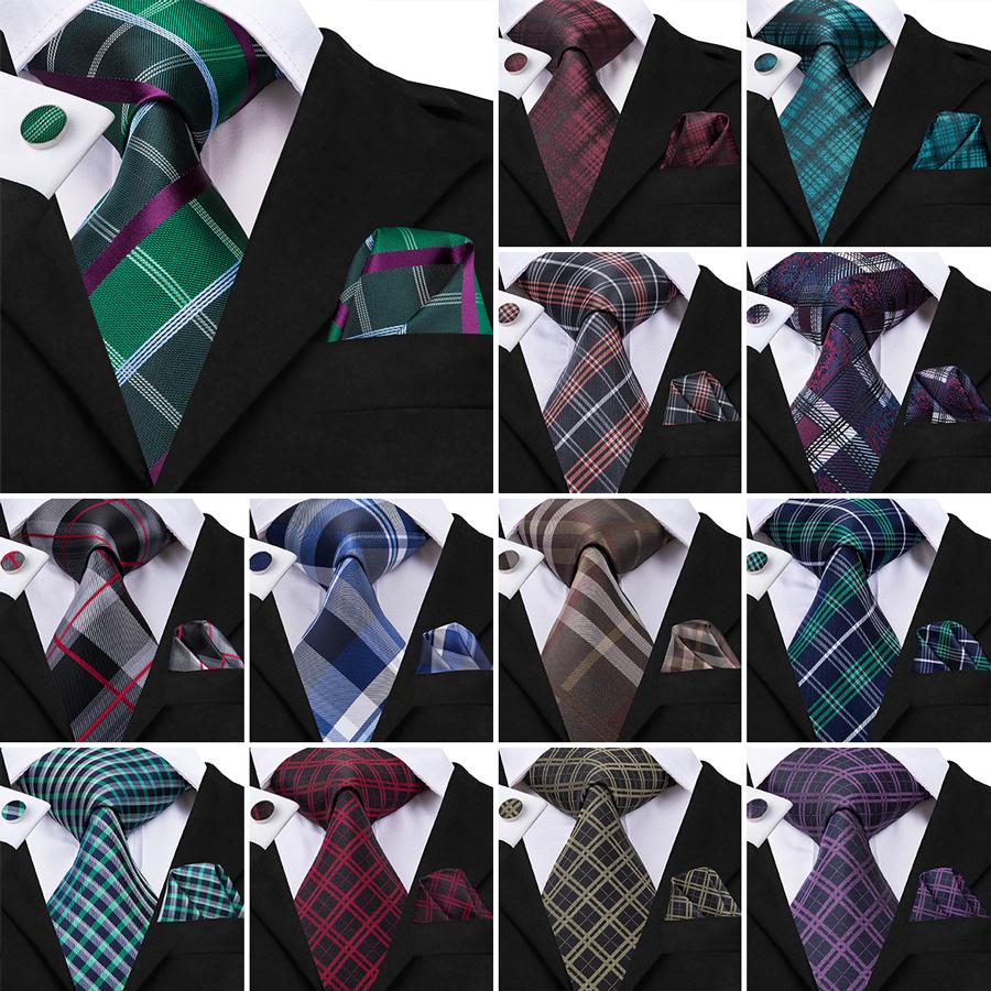 Hi-Tie в клетку и клетку, галстук, носовой платок, запонки, галстук в клетку тартан для деловой вечеринки N-3010