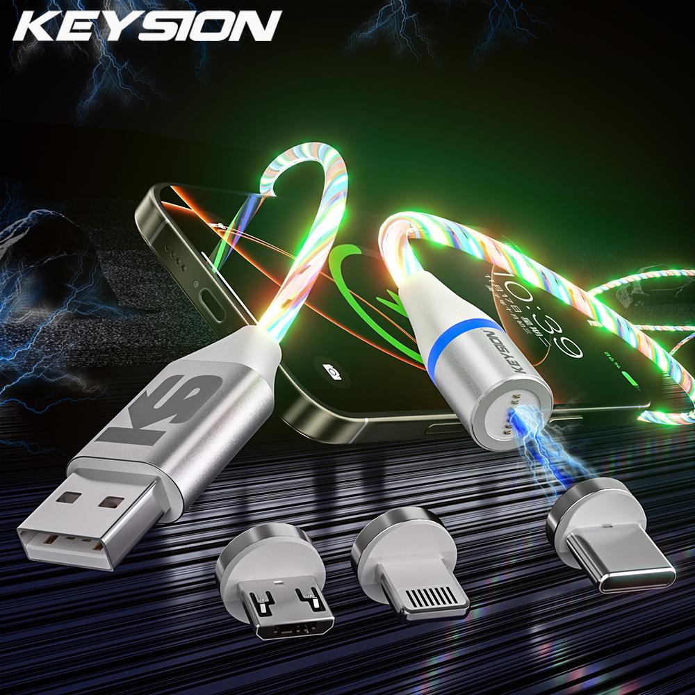 Магнитный кабель для передачи данных KEYSION 3A с подсветкой, светодиодный, Micro USB C Type-C, быстрая зарядка, магнитный кабель для зарядки iPhone Xiaomi Samsung Only 3 Pcs Micro Plug