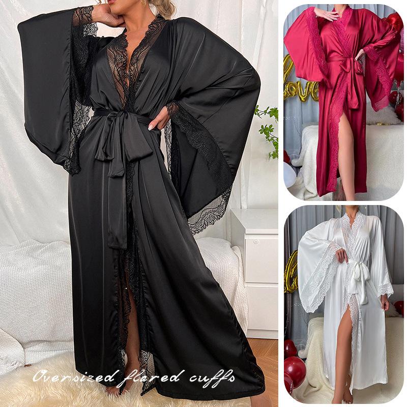 Satin Nightwear Женщины кружевные легкие роскошные с длинным рукава L белый