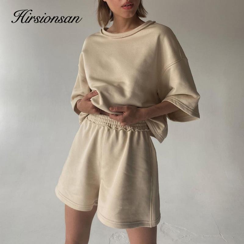 Hirsionsan, летние комплекты из мягкого хлопка, женские футболки из двух предметов с круглым вырезом и шорты с эластичной резинкой на талии, женские свободные наряды, спортивный костюм M зелёный