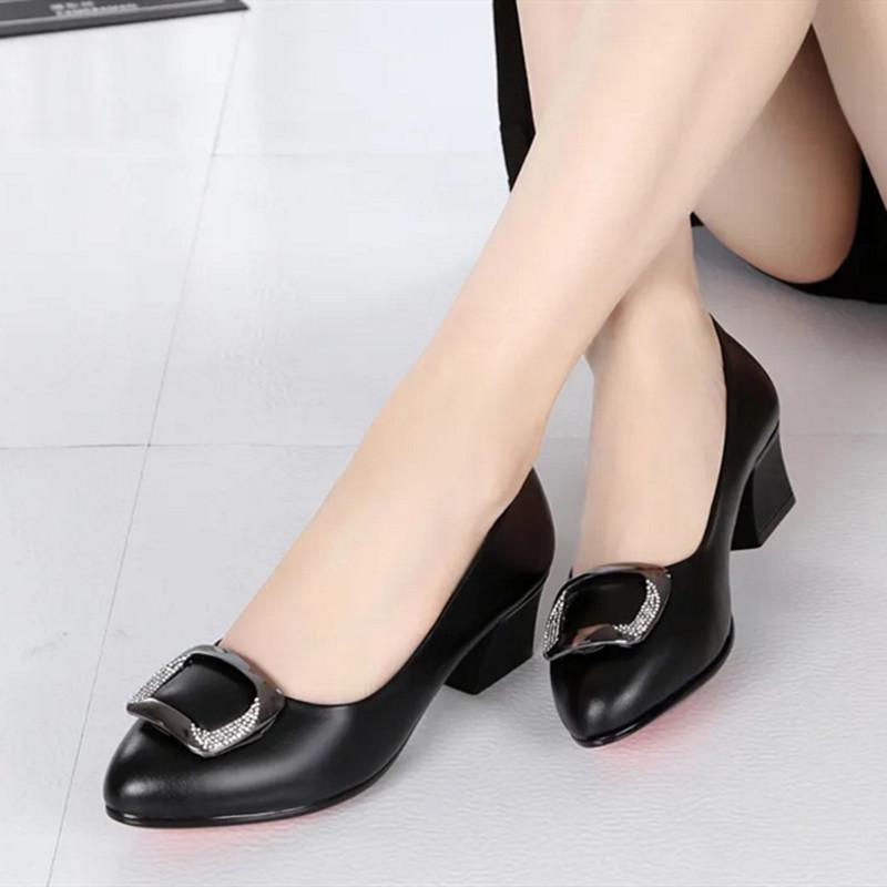 Cresfimix Women Fashion Black Pu Leather Round Toe Shallow Mouth Slip on Office High Heel Shoes & Pumps with Metal Bezal A6662c 35