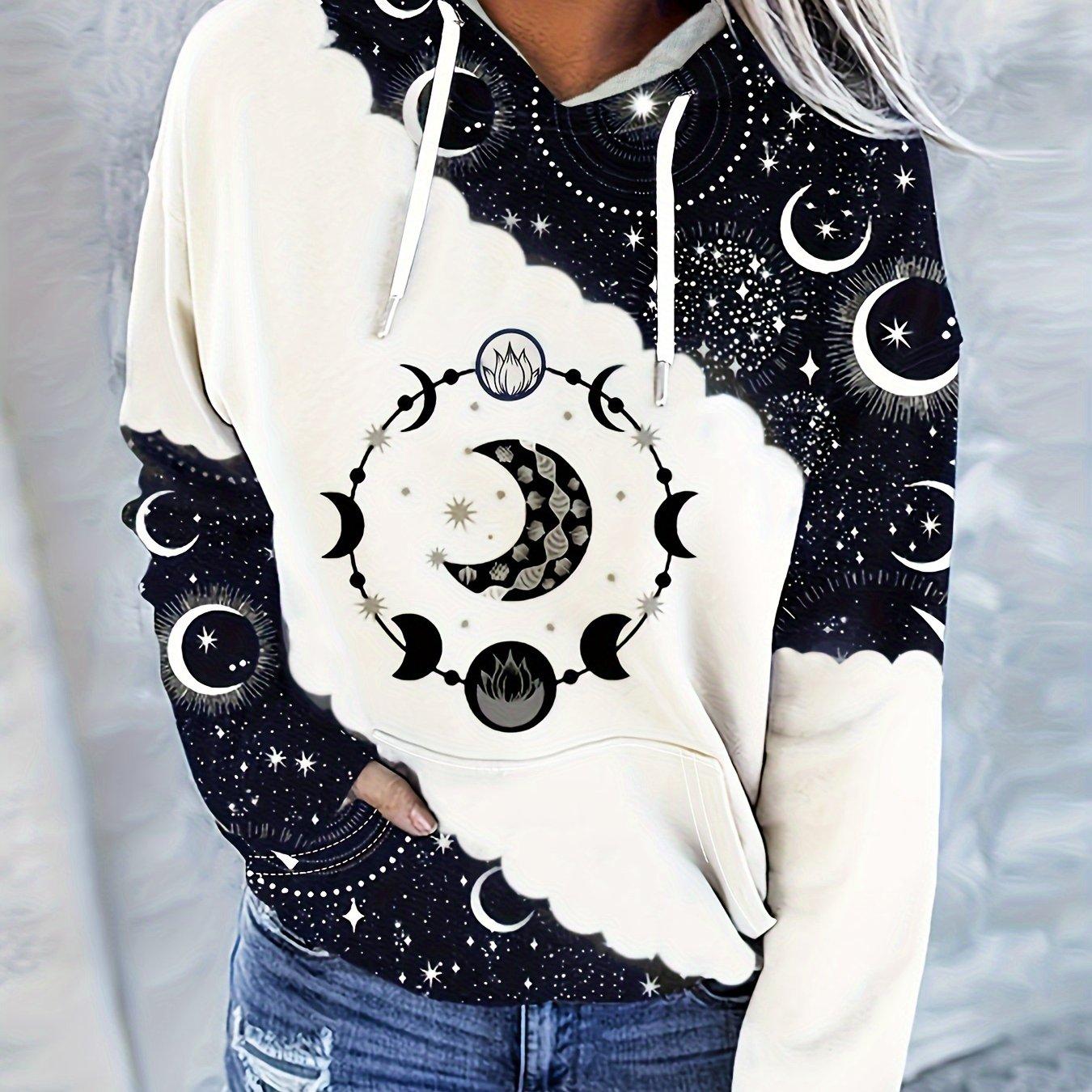 Худи с принтом Vintage Moon Print | Всесезонная удобная посадка с карманом-кенгуру, стильным геометрическим дизайном и легкой в уходе тканью для женщин S