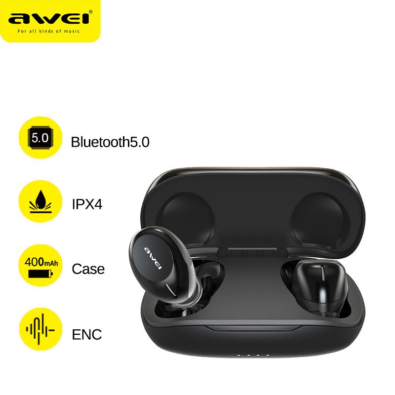 AWEI T20 Наушники с сенсорным управлением TWS Bluetooth 5,0 HiFi Sound Мини-наушники-вкладыши Музыкальные наушники для телефонных звонков с микрофоном чёрный