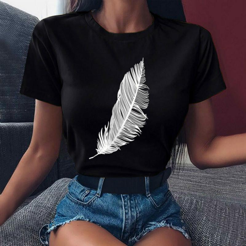 Женская повседневная футболка Harajuku Fashion, принт с перьями, свободный круглый вырез, короткий рукав, эластичная резинка, летняя домашняя футболка S