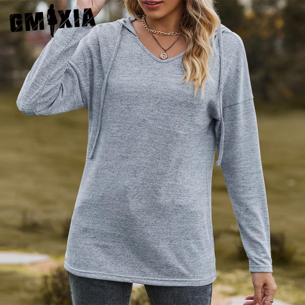 GMXIA Женские модные повседневные однотонные блузки и рубашки с длинным рукавом и v-образным вырезом с принтом S серый