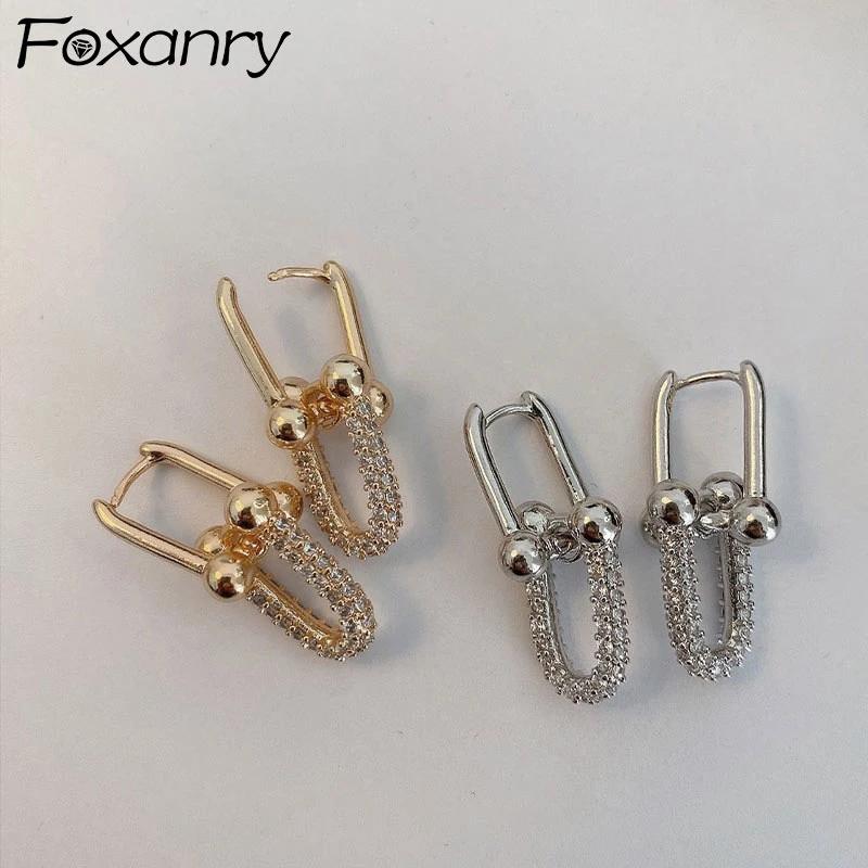 FOXANRY Серьги для предотвращения аллергии для женщин, модные элегантные U-образные геометрические циркониевые украшения для невесты, подарки для влюбленных as Shown золотой