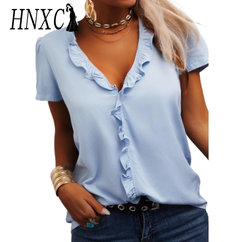 HNXC женские модные повседневные летние весенние однотонные блузки и рубашки с короткими рукавами и v-образным вырезом с принтом S белый