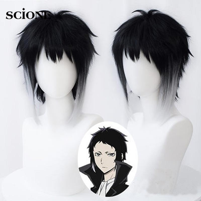Bungo Bungou Stray Dogs Ryunosuke Akutagawa, короткий черный с белым парик, термостойкие волосы, костюм для косплея, парики + шапочка для парика чёрный