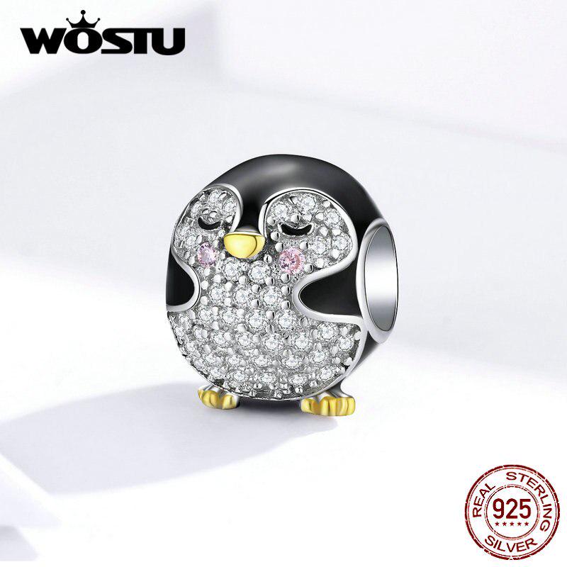WOSTU 925 пробы серебро пухлый пингвин бусина циркон черные подвески подходят оригинальный браслет ожерелье