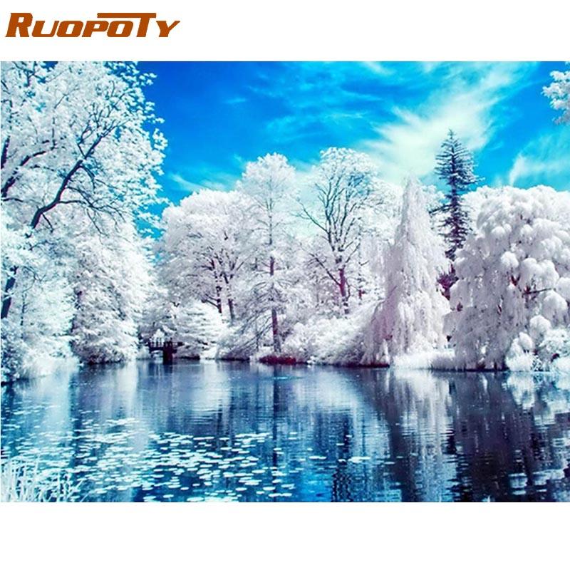 Рамка RUOPOTY, снежный лес, сделай сам, картина по номерам, пейзаж, акриловая краска по номерам для дома, настенная художественная картина, домашнее искусство 40x50CM NO Frame