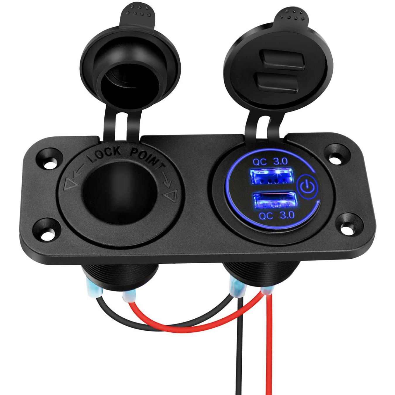 QC3.0 Автоматический разветвитель прикуривателя с сенсорным переключателем, зарядное устройство USB 12 В, водонепроницаемый адаптер для розетки, набор для самостоятельного изготовления с синим светодиодом, два порта USB 24v синий/чёрный