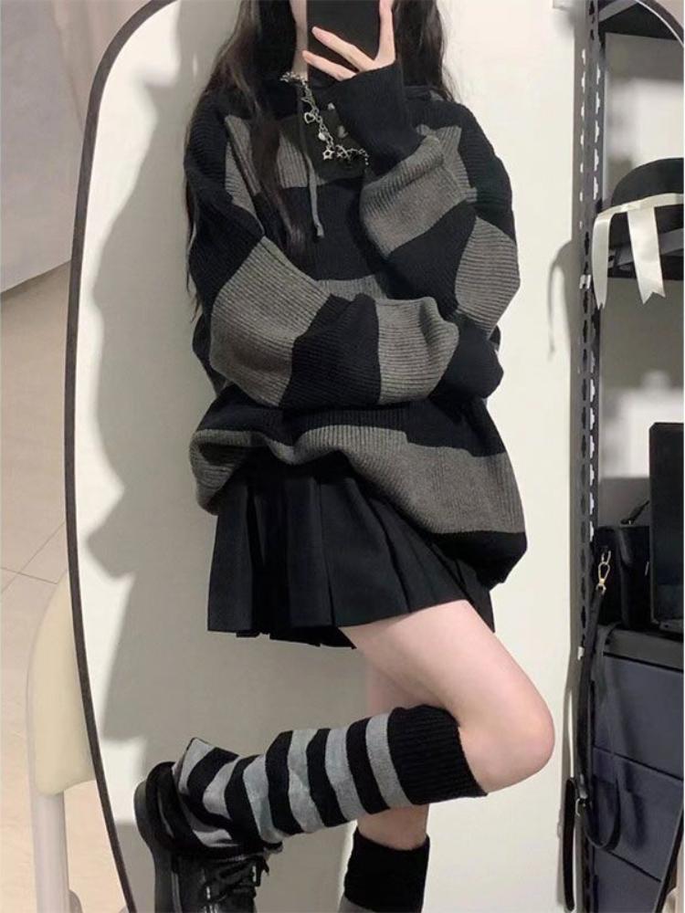Винтажные полосатые свитера с капюшоном женские Harajuku готический вязаный джемпер ретро свободный повседневный пуловер больших размеров топы в стиле гранж S чёрный