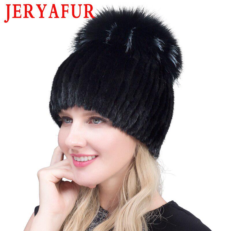 JERYAFUR, шапка с помпоном из натурального меха норки, женская модная зимняя шапка из лисьего меха для женщин, толстые теплые вязаные шапочки чёрный