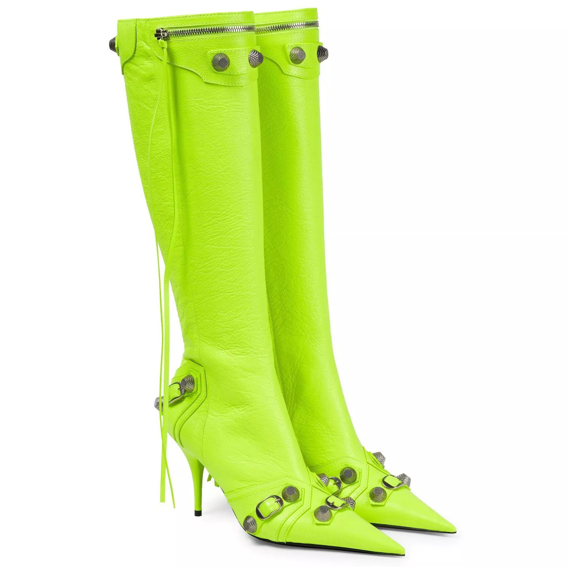 Сапоги Frauen Высокие каблуки Stiefel Frau Spitz Туфли на шпильке Knie Hohe Stiefel Сексуальные туфли Damen Niet в стиле ретро Pumpen 2022 Neue Botas femininas 43 белый