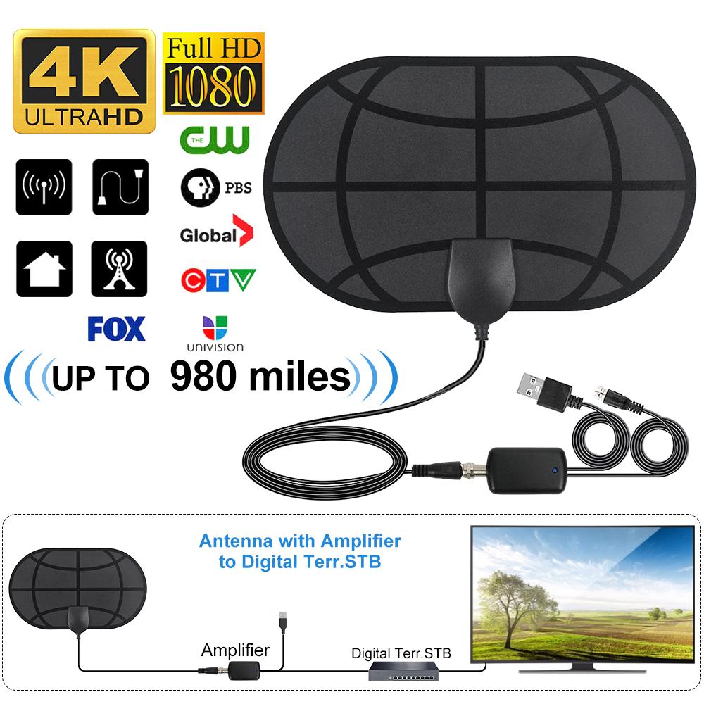 Комнатная антенна цифрового HDTV 4K с радиусом действия 980 миль и усилением сигнала ТВ-вещания DTB-T2