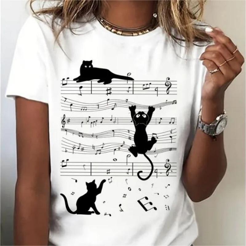 Футболка с принтом Cat&Sheet Music, повседневная, с круглым вырезом и коротким рукавом, летняя дышащая женская одежда, футболка больших размеров S