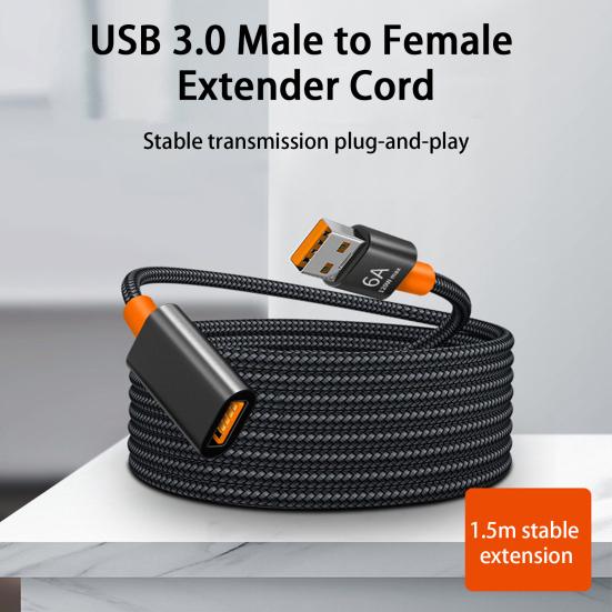 Удлинительный USB-кабель Play Plug, плетеный, 6 А, 120 Вт, макс. данные, нейлон, быстрая передача данных через USB-разъем, штекер на