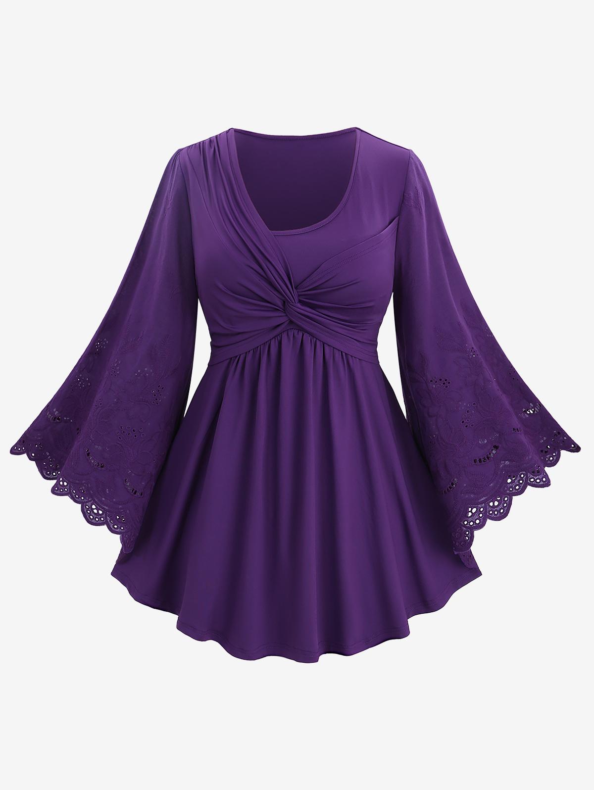 Rosegal Plus Size Twist Panel Hollow Out Flower Embroidery Top с расклешенными рукавами L фиолетовый
