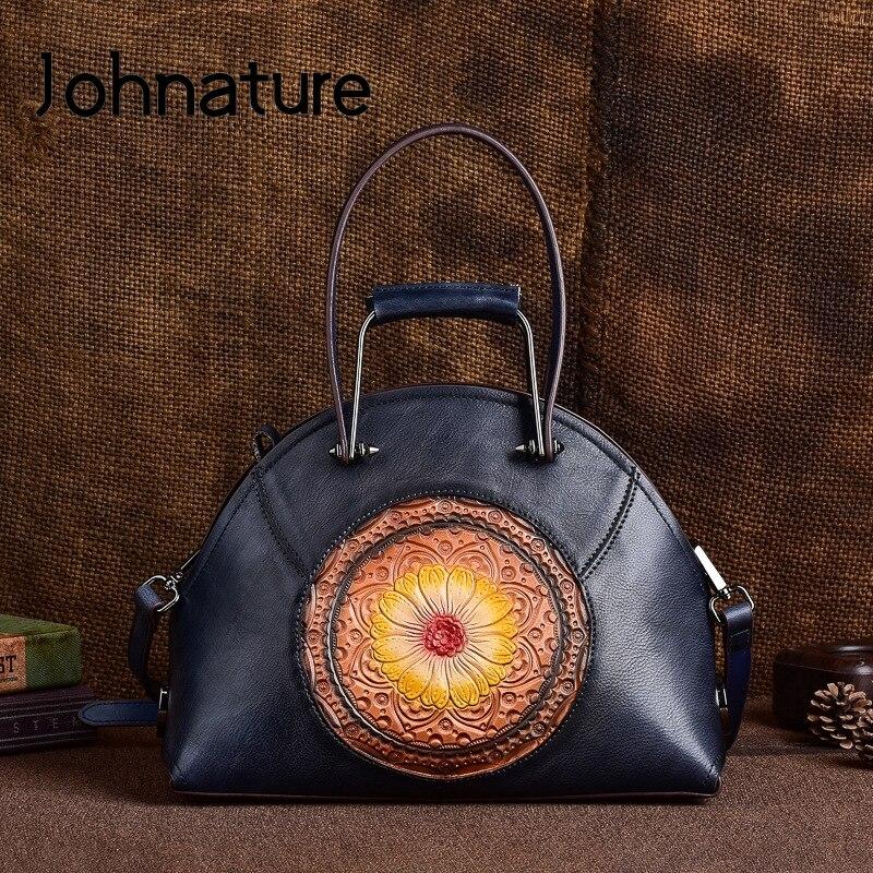 Johnature винтажная женская сумка из натуральной кожи, роскошная сумка ручной работы из натуральной воловьей кожи, универсальные сумки на плечо чёрный