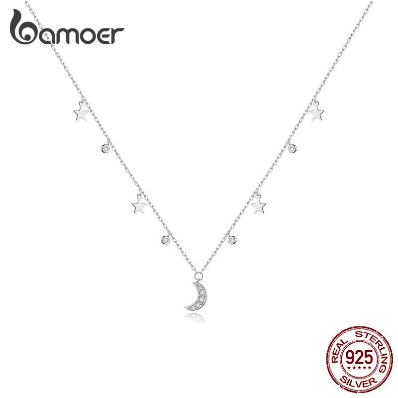 BAMOER 100% настоящее серебро 925 пробы, блестящее ожерелье с луной и звездами для женщин, простое изысканное ювелирное изделие, подарок 925 silver