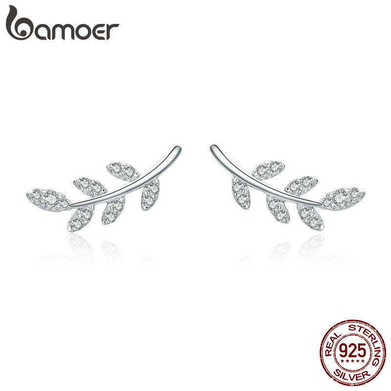Аутентичные серьги-гвоздики BAMOER из стерлингового серебра 925 пробы с весенними листьями и прозрачным цирконом CZ BSE031
