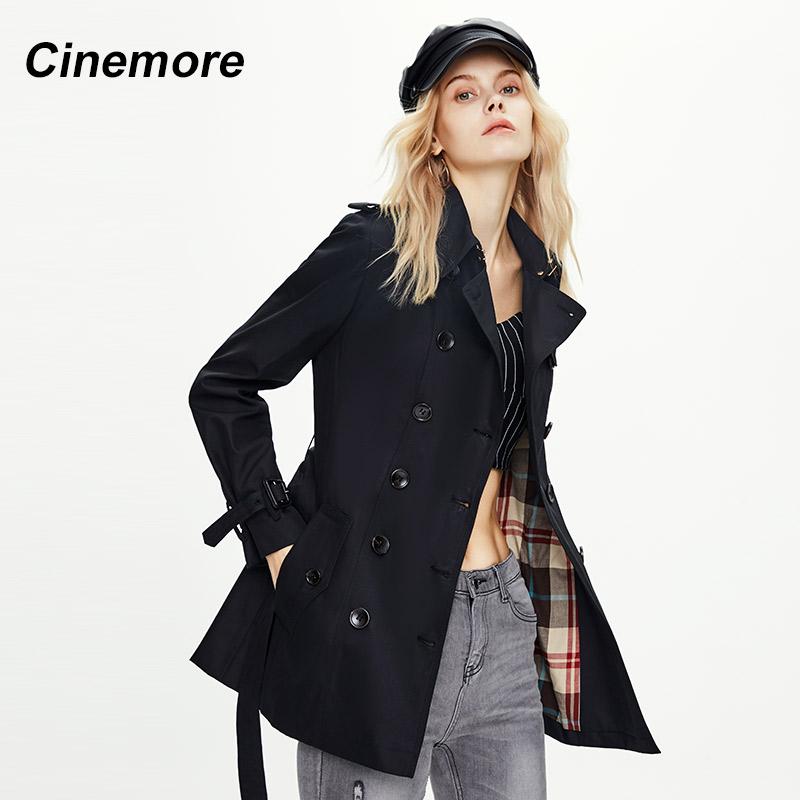 Cinemore 2022 Новый женский плащ Классический двубортный средней длины в британском деловом стиле Верхняя одежда с поясом Женские пальто Топы 82012 S чёрный